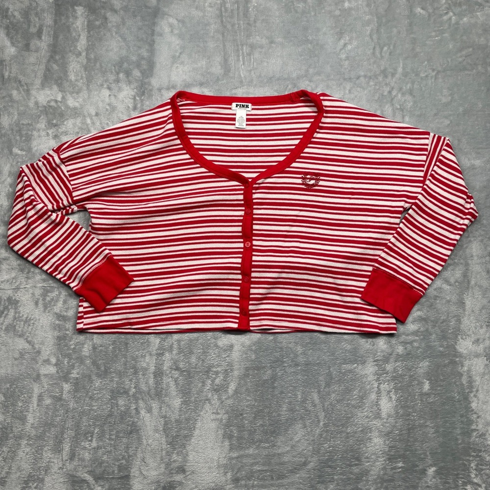 PINK Victoria's Secret Cardigan Women Large Red White Striped Cropped‎ Thermal